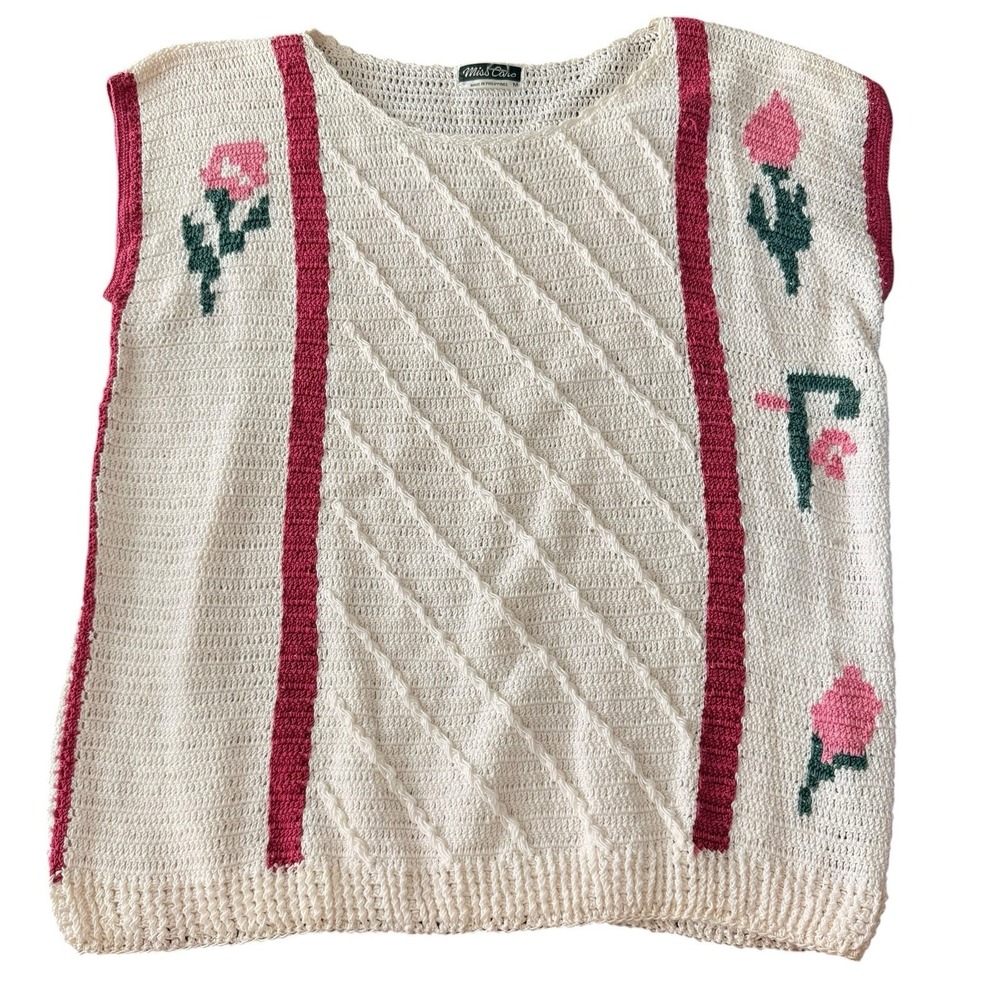 Vintage 1980s‎ Miss Caro Crochet Knit Top M Floral Vest Sleeveless Shirt Crochet